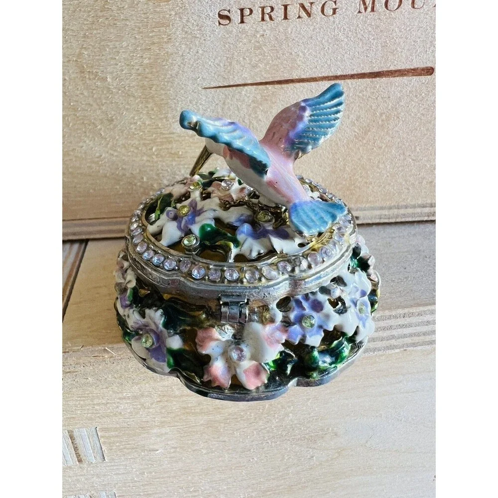 Ornate Hummingbird Trinket Box Small Metal Acrylic Pill Ring Holder  Rhinestone